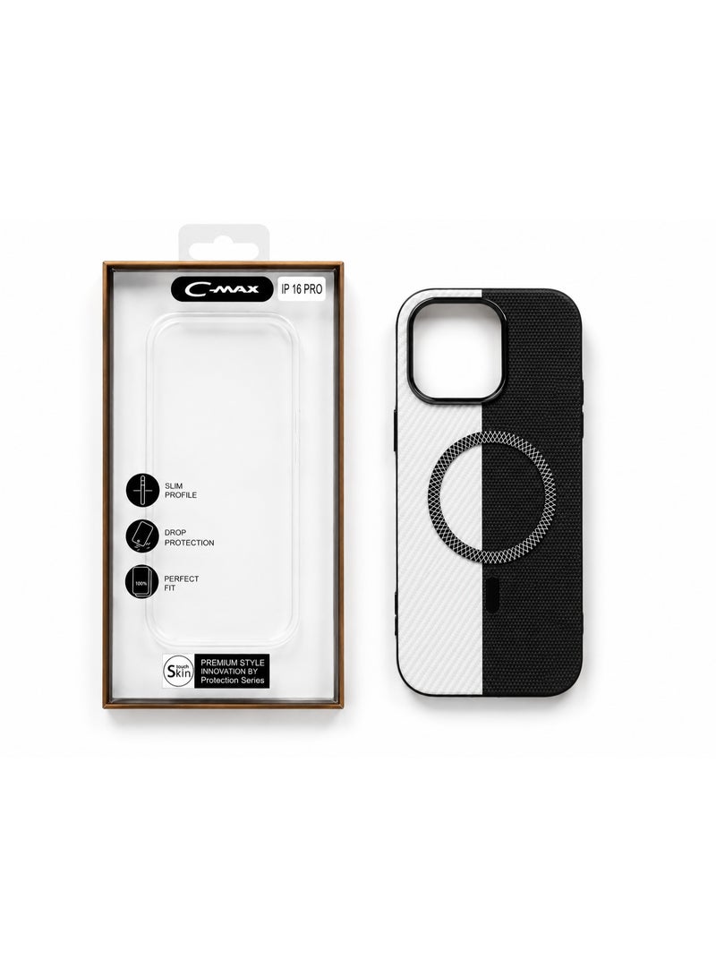 Cmax Premium Two-Tone Carbon Texture MagSafe Protective Case with Raised Camera Guard for iPhone 16 Pro - Black & White - Image 5