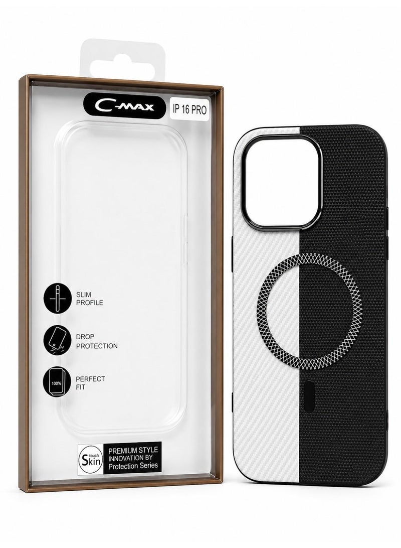 Cmax Premium Two-Tone Carbon Texture MagSafe Protective Case with Raised Camera Guard for iPhone 16 Pro - Black & White - Image 1
