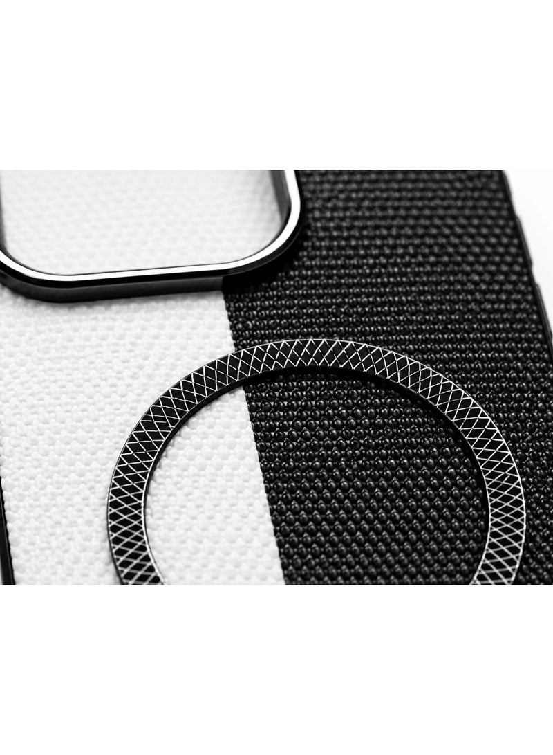 Cmax Premium Two-Tone Carbon Texture MagSafe Protective Case with Raised Camera Guard for iPhone 16 Pro - Black & White - Image 3