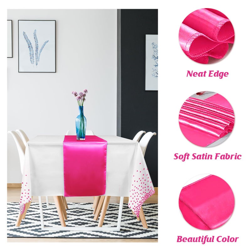 MASHAN 8Pack Disposable Plastic Party Tablecloths & Satin Table Runner Set - White Hot Pink Dot - Wedding, Birthday, Baby Shower - 54 x 108 Inch - Image 3