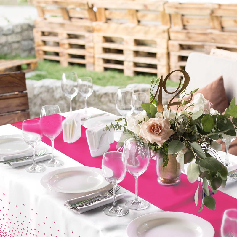 MASHAN 8Pack Disposable Plastic Party Tablecloths & Satin Table Runner Set - White Hot Pink Dot - Wedding, Birthday, Baby Shower - 54 x 108 Inch - Image 4