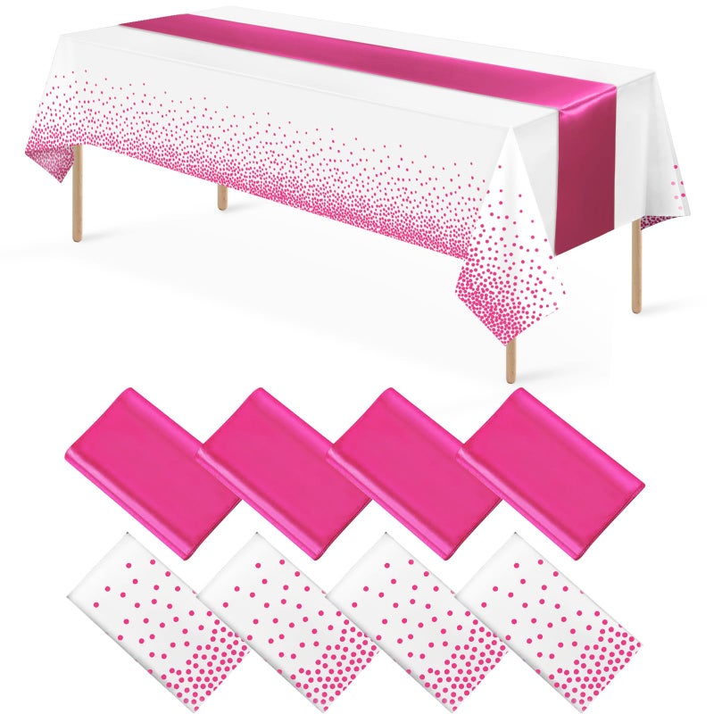 MASHAN 8Pack Disposable Plastic Party Tablecloths & Satin Table Runner Set - White Hot Pink Dot - Wedding, Birthday, Baby Shower - 54 x 108 Inch - Image 1