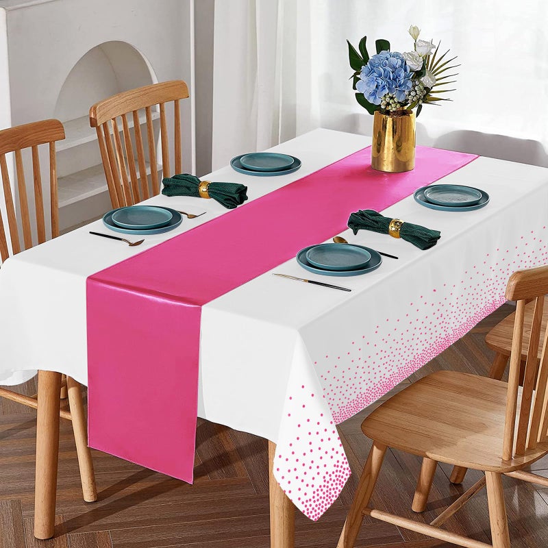 MASHAN 8Pack Disposable Plastic Party Tablecloths & Satin Table Runner Set - White Hot Pink Dot - Wedding, Birthday, Baby Shower - 54 x 108 Inch - Image 5