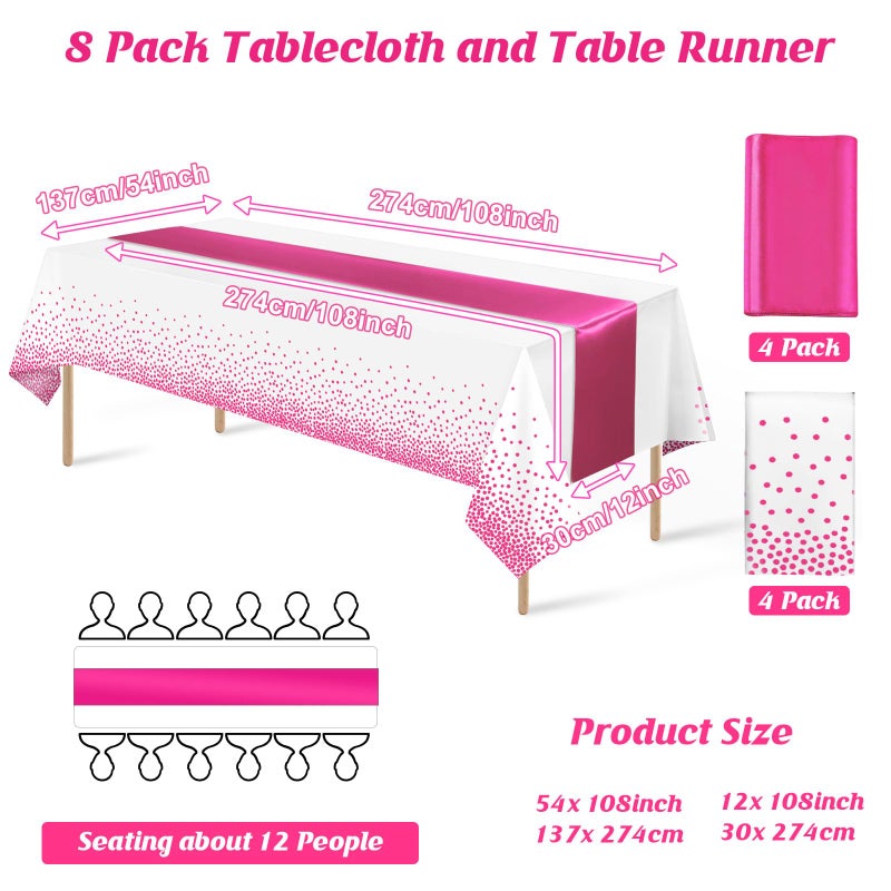 MASHAN 8Pack Disposable Plastic Party Tablecloths & Satin Table Runner Set - White Hot Pink Dot - Wedding, Birthday, Baby Shower - 54 x 108 Inch - Image 2