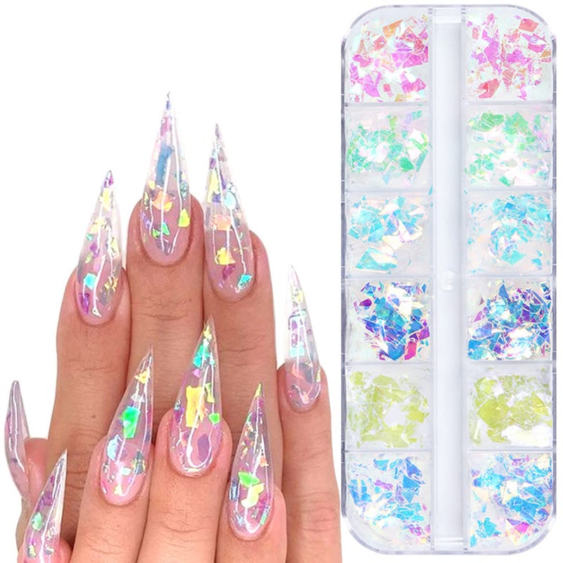 خيوط أظافر لامعة متلألئة هولوجرافية 3D غير منتظمة رقيقة للغاية لتصميم أظافر لامعة شرائح لامعة من قواقع البحر إمدادات راتنج أكريليك للنساء والفتيات لتزيين المانيكير