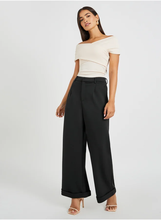 Styli Solid Pleated Wide Leg Knit Pants