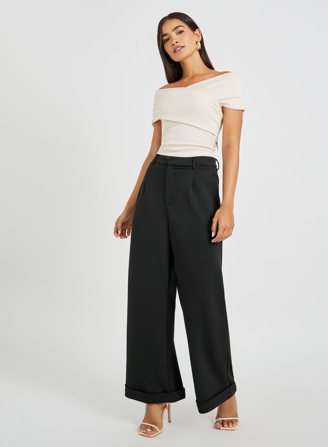 Styli Solid Pleated Wide Leg Knit Pants - Image 1