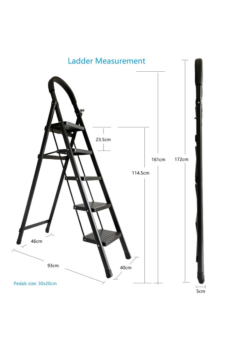 5 Step Folding Ladder for Home, Foldable Step Stool with Safety Handrail, Wide Anti-Slip Pedals, Lightweight and Durable Step Ladder for Household Use (Black, 5 Steps)