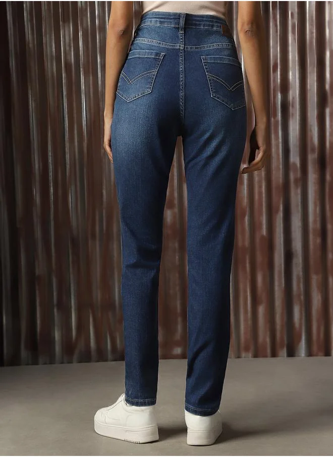 هاي ستار Women Jeans in Blue featuring Skinny fit fit with a washed pattern, regular length, secured with button closure, crafted from cotton – an essential addition to your stylish collection.