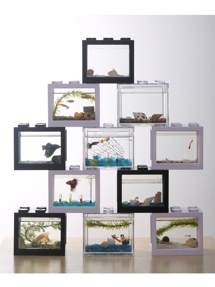 OMEM USB Mini Fish Tank, Desktop Micro-Landscape LED Aquarium Kit, Building Blocks Superimposed Fish Tank (Black) - Image 5