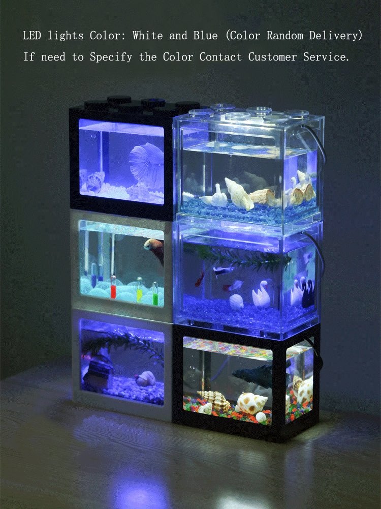 OMEM USB Mini Fish Tank, Desktop Micro-Landscape LED Aquarium Kit, Building Blocks Superimposed Fish Tank (Black) - Image 4