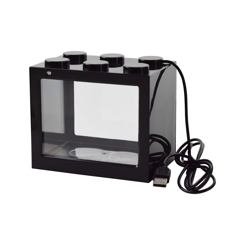 OMEM USB Mini Fish Tank, Desktop Micro-Landscape LED Aquarium Kit, Building Blocks Superimposed Fish Tank (Black) - Image 1