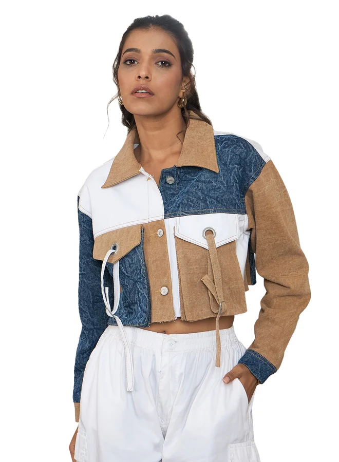 StyleStone  StyleStone Brown Denim Crop Jacket with Color Block Patchwork for Women | Best Price UAE