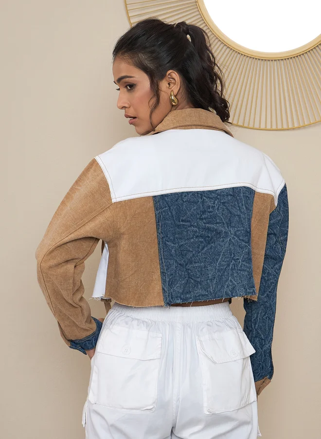 StyleStone  StyleStone Brown Denim Crop Jacket with Color Block Patchwork for Women | Best Price UAE