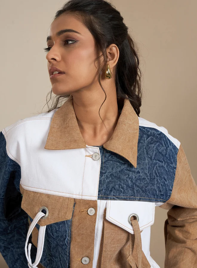 StyleStone  StyleStone Brown Denim Crop Jacket with Color Block Patchwork for Women | Best Price UAE