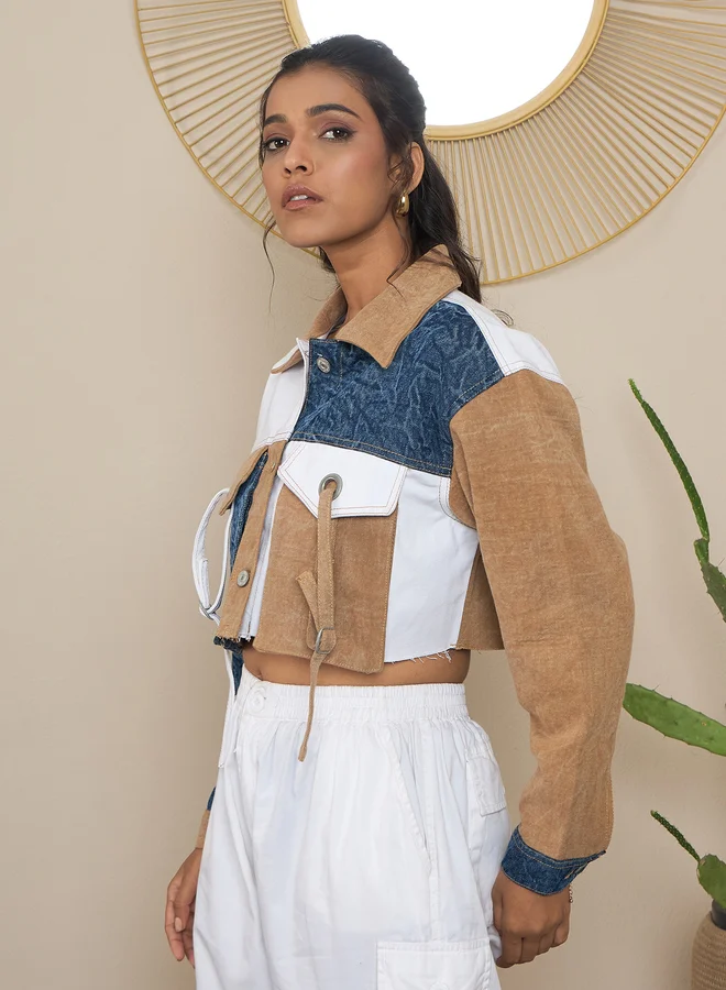 StyleStone  StyleStone Brown Denim Crop Jacket with Color Block Patchwork for Women | Best Price UAE