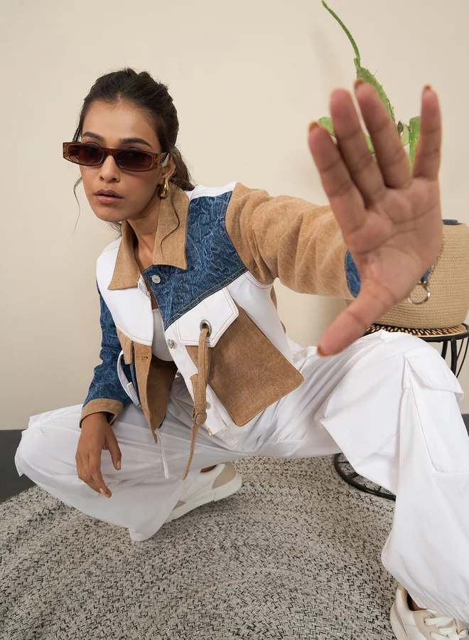 StyleStone  StyleStone Brown Denim Crop Jacket with Color Block Patchwork for Women | Best Price UAE