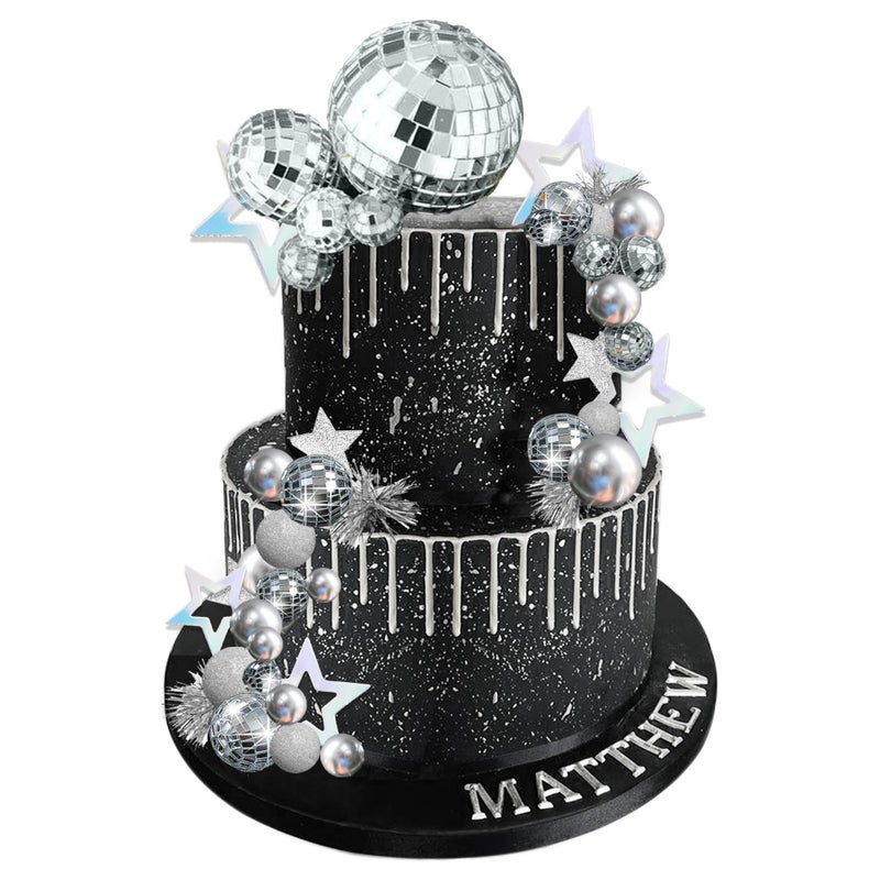 DRWATE Disco Ball Cake Topper Mirror Balls Cake Decorations with Silver Stars Cake Topper for 70s 80s Disco Dance Saturday Night Fever Birthday Supplies Style 1 - Image 2
