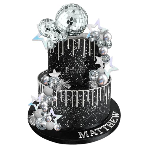 DRWATE Disco Ball Cake Topper Mirror Balls Cake Decorations with Silver Stars Cake Topper for 70s 80s Disco Dance Saturday Night Fever Birthday Supplies Style 1 - Image 1