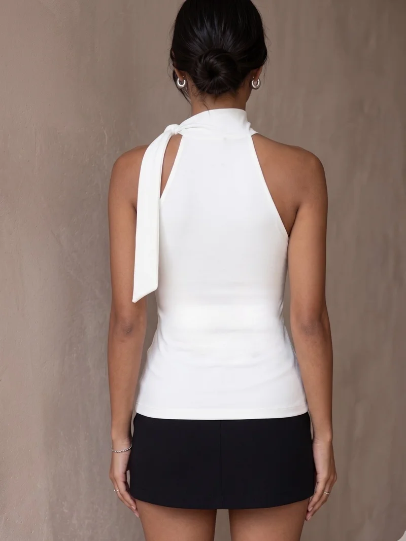 Outzidr  White Neck Tie-Up Top for Women | Best Price UAE
