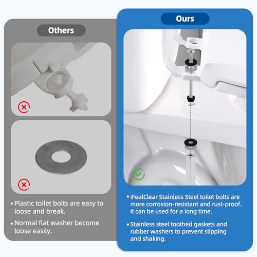 iFealClear 2 PCS Toilet Seat Bolts Kit, Universal Heavy Duty Stainless Steel With Extra Long Downlock Nuts Rubber Washers Gaskets and Easy to install -Bathroom Toilet Repair Screw - Image 3