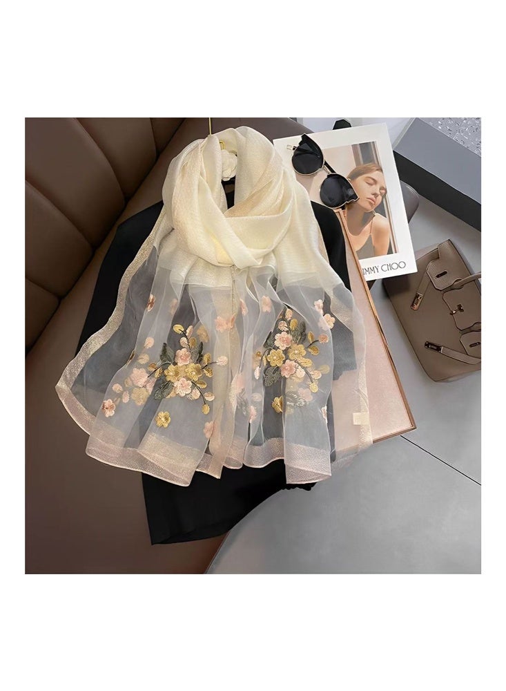 زيمي وشاح حريري مطرز باللون الأبيض العاجي للنساء، مادة ناعمة مع تطريز زهري رقيق باللون الوردي والذهبي، رائع وأنيق، يمكن استخدامه كوشاح أو شال، يظهر مزاجًا لطيفًا، 200*70 سم - Image 4