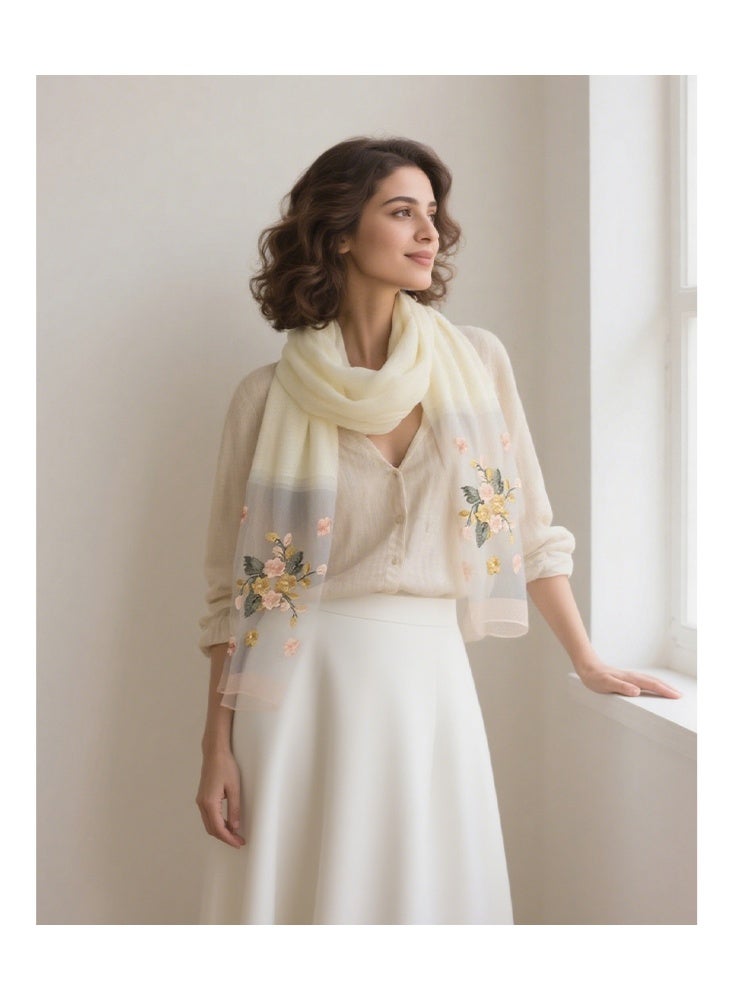 زيمي وشاح حريري مطرز باللون الأبيض العاجي للنساء، مادة ناعمة مع تطريز زهري رقيق باللون الوردي والذهبي، رائع وأنيق، يمكن استخدامه كوشاح أو شال، يظهر مزاجًا لطيفًا، 200*70 سم - Image 5