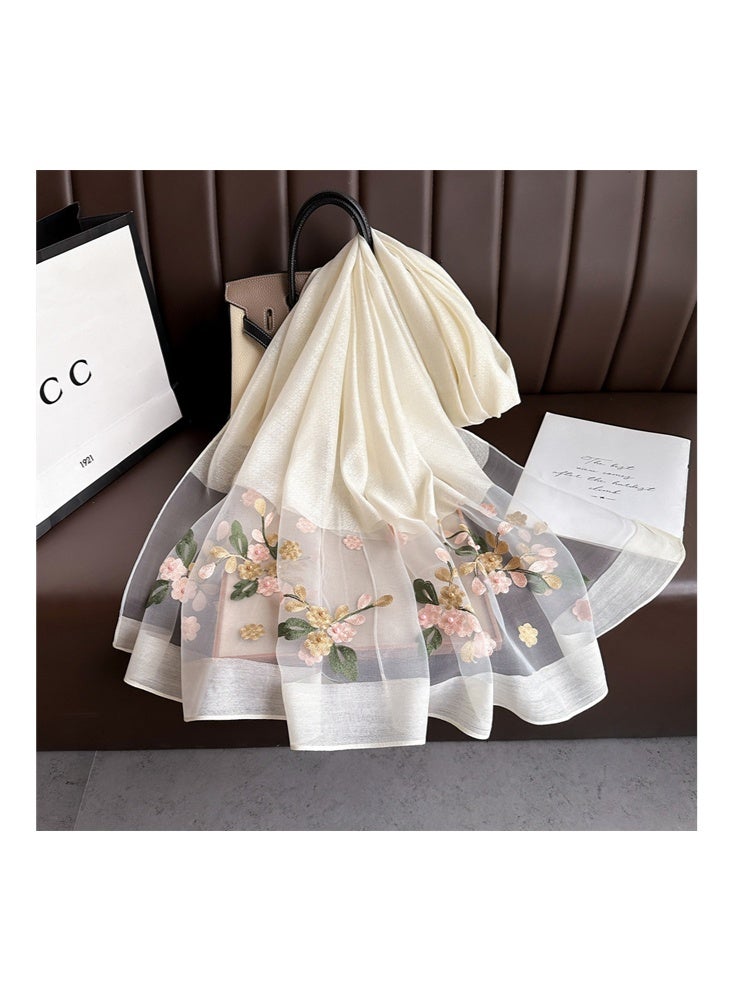 زيمي وشاح حريري مطرز باللون الأبيض العاجي للنساء، مادة ناعمة مع تطريز زهري رقيق باللون الوردي والذهبي، رائع وأنيق، يمكن استخدامه كوشاح أو شال، يظهر مزاجًا لطيفًا، 200*70 سم - Image 2