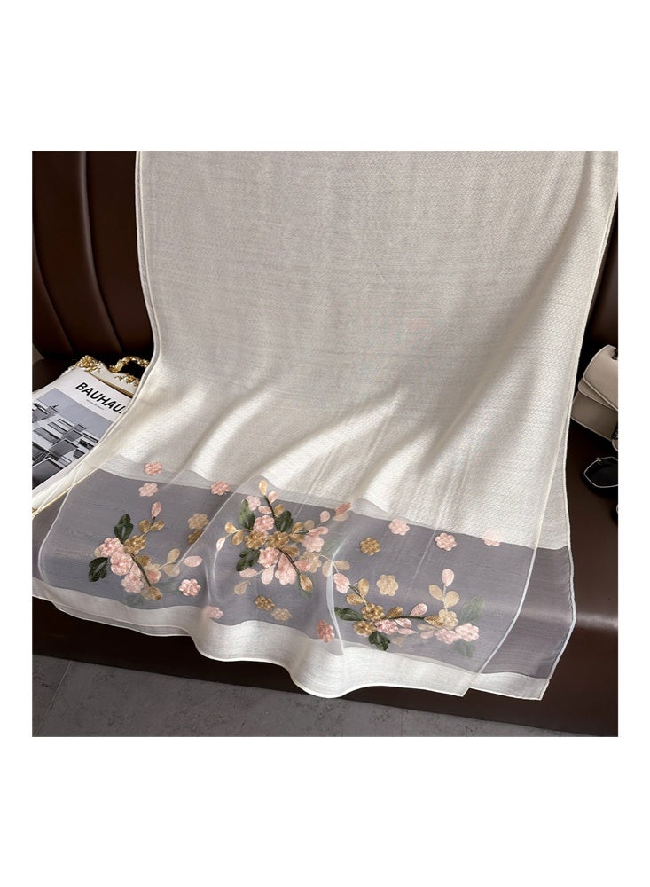 زيمي وشاح حريري مطرز باللون الأبيض العاجي للنساء، مادة ناعمة مع تطريز زهري رقيق باللون الوردي والذهبي، رائع وأنيق، يمكن استخدامه كوشاح أو شال، يظهر مزاجًا لطيفًا، 200*70 سم - Image 3