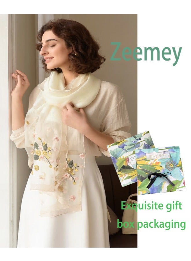 زيمي وشاح حريري مطرز باللون الأبيض العاجي للنساء، مادة ناعمة مع تطريز زهري رقيق باللون الوردي والذهبي، رائع وأنيق، يمكن استخدامه كوشاح أو شال، يظهر مزاجًا لطيفًا، 200*70 سم - Image 1