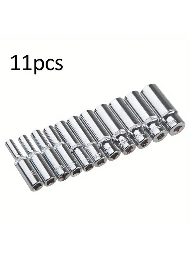 11 Pcs Ratchet Socket Set 6 3mm 1 4 Inch Drive 4 14mm Extended Hex Head Tools - Image 1