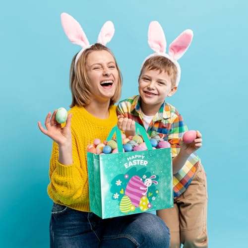 Jaywayang 2Pcs 12.6" Happy Easter Gift Bags with Tissue Paper, Envelope and Card, Reusable Non-Woven Bag with Handles for Kids Easter Party Supplies (Blue, Cyan) - Image 4