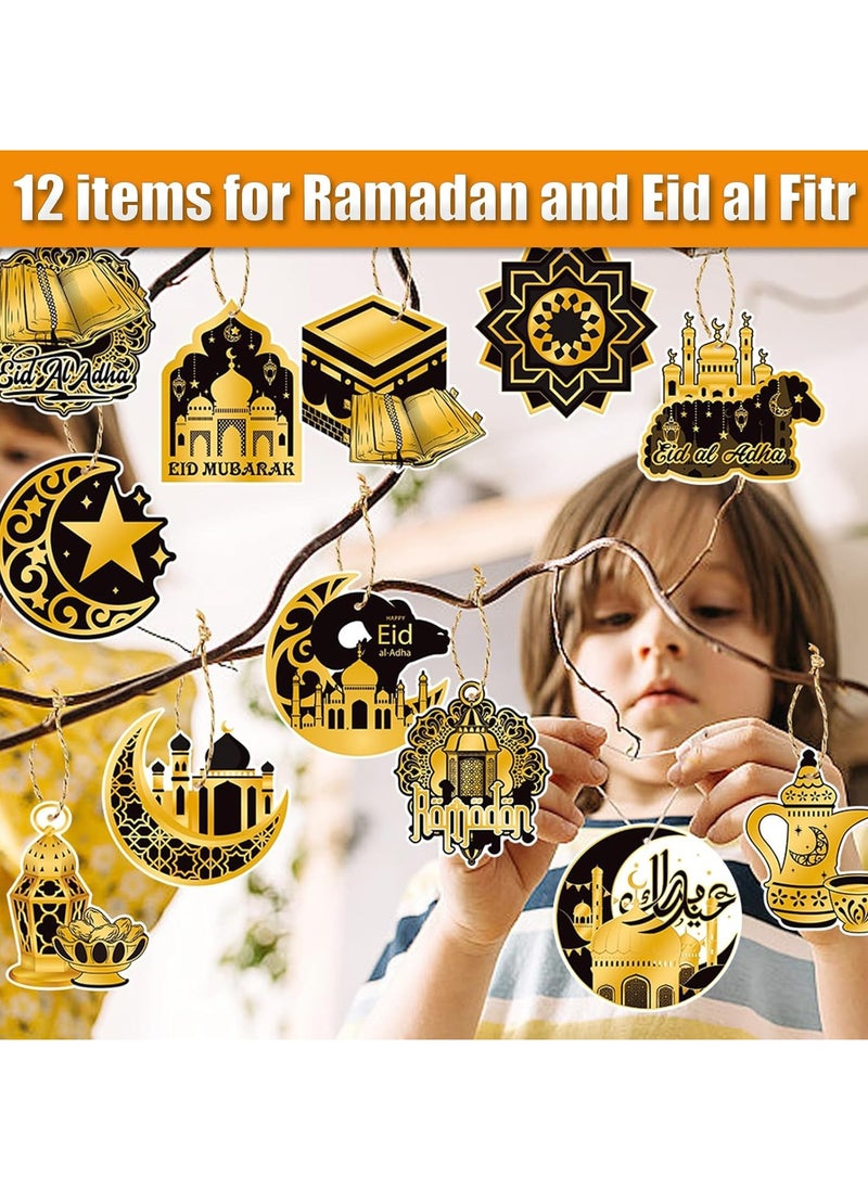 Jorunb - 2 Pack Ramadan Eid Mubarak Decorations,16 pcs Ramadan Hanging Ornaments Shining Black Gold Star Moon Lantern Eid Mubarak Home Decor for Kareem,Muslim Islamic Festival,Eid Al-fitr Party Supplies - Image 1