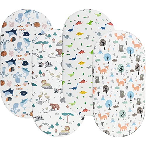 Bassinet Sheets for Baby Boy and Girl Stretchy Breathable Fitted Sheet Universal for Bassinet Cradle Hourglass Oval Rectangle PadMattress 4 Pack Undersea Fish Animal and Dinosaur Printing