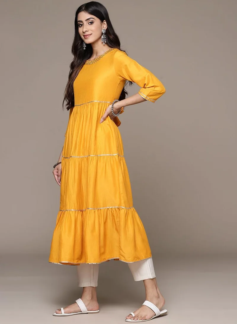 ISHIN Women's Yellow 100% Cotton Printed Tunic Regular Fit Kurta