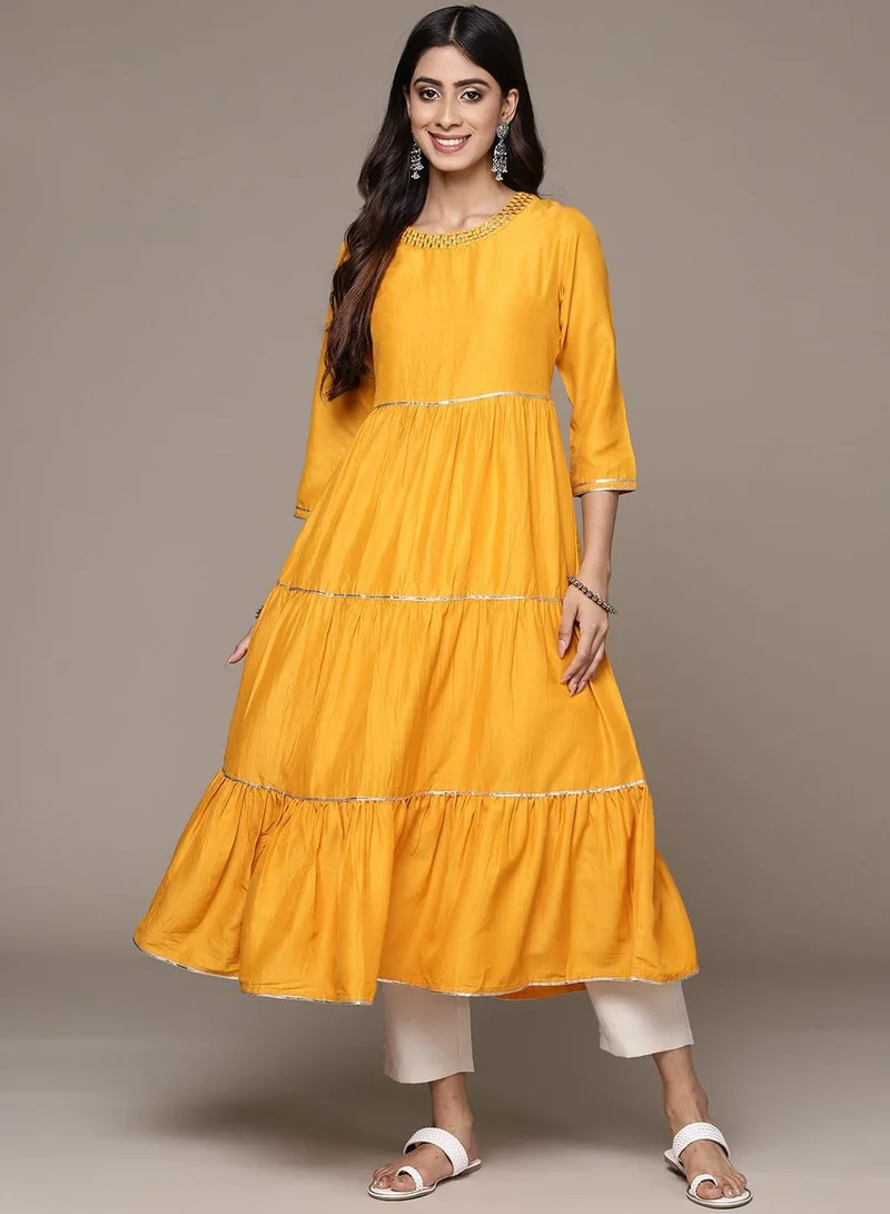 ISHIN Women's Yellow 100% Cotton Printed Tunic Regular Fit Kurta