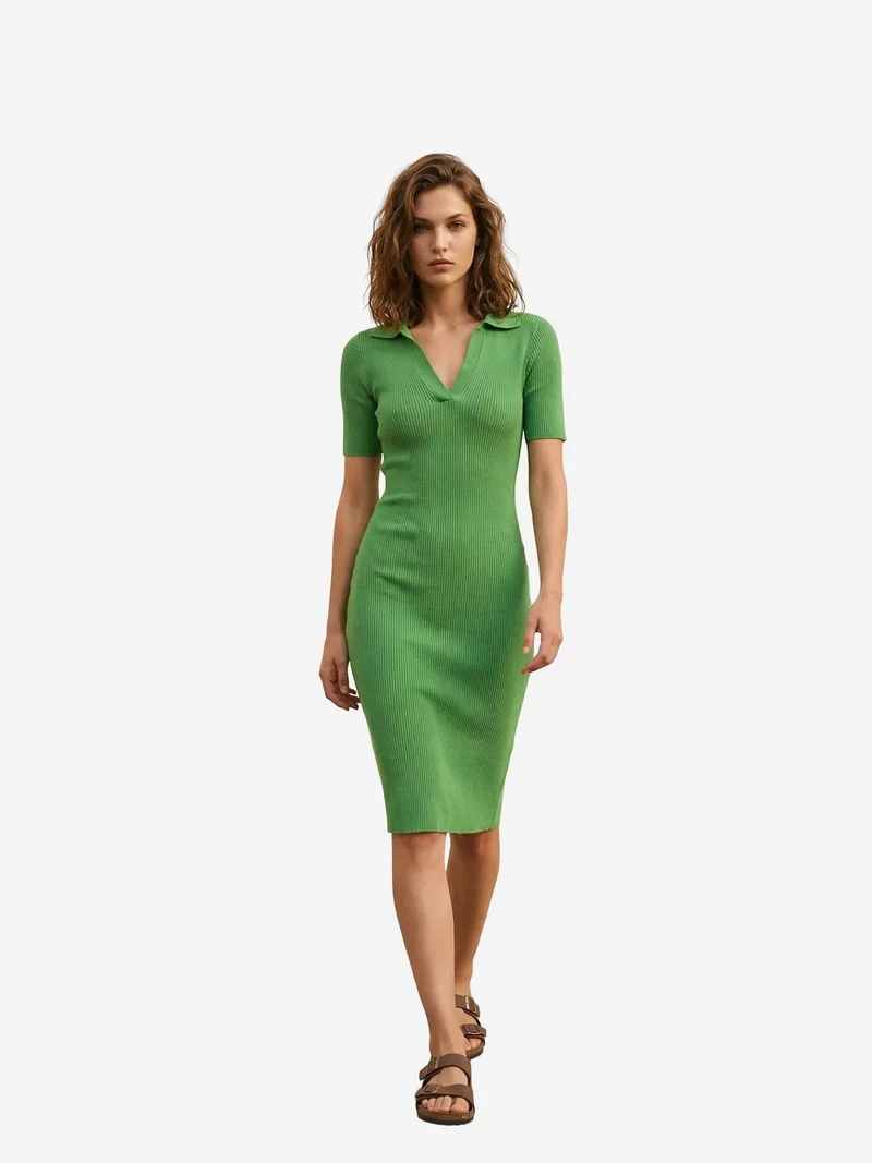 MY FASHION MY FASHION Ribbed Polo Collar Midi Dress