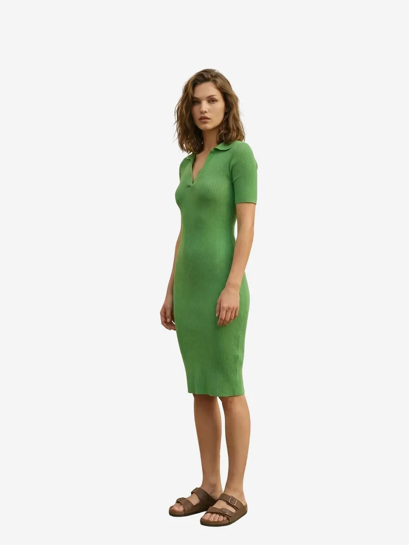 My Fashion Green MY FASHION Ribbed Polo Collar Midi Dress for Women | Best Price UAE