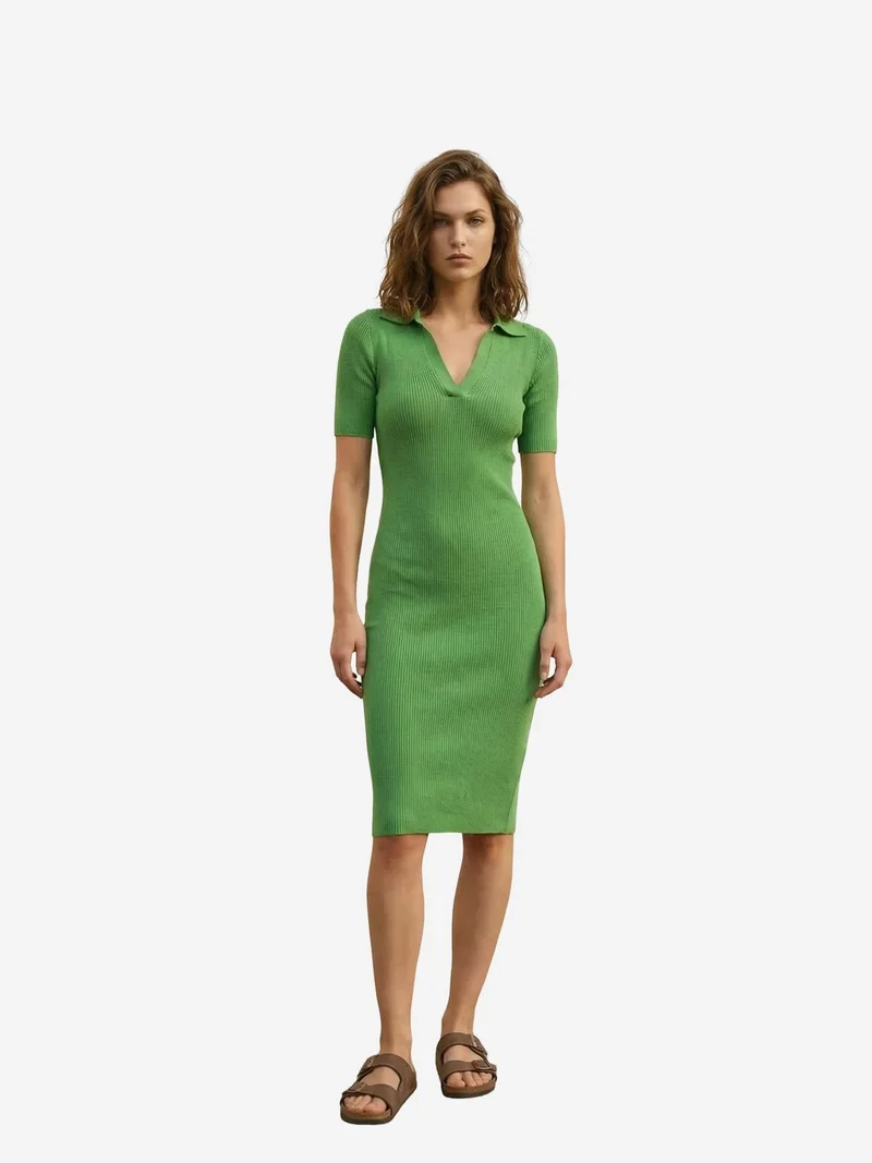 My Fashion Green MY FASHION Ribbed Polo Collar Midi Dress for Women | Best Price UAE