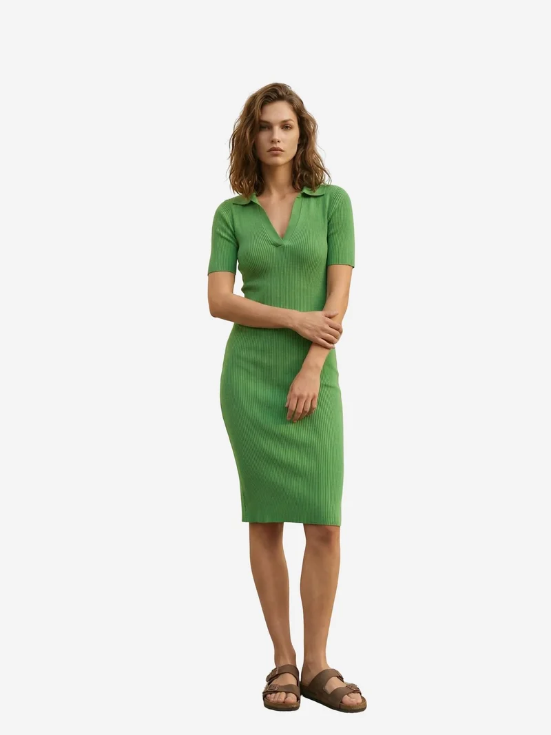 MY FASHION MY FASHION Ribbed Polo Collar Midi Dress
