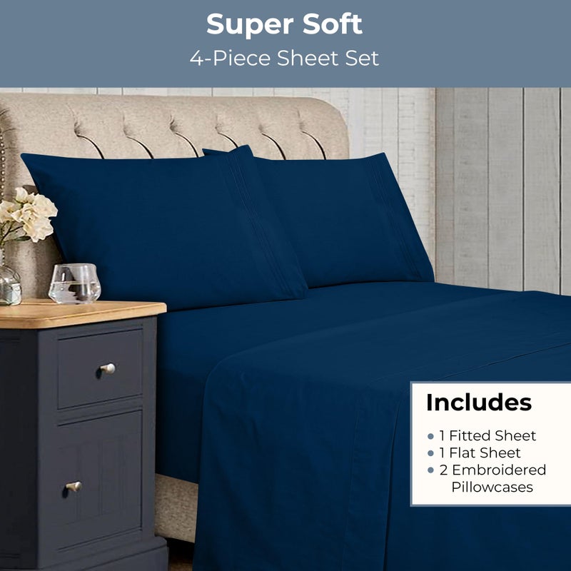 ROYALE LINENS - 4 Piece King Bed Sheet - Soft Brushed Microfiber 1800 Bedding Set - 1 Fitted Sheet  1 Flat Sheet  2 Pillow case - Wrinkle & Fade Resistant Luxury King Size Sheet Set (Navy  King) - Image 5