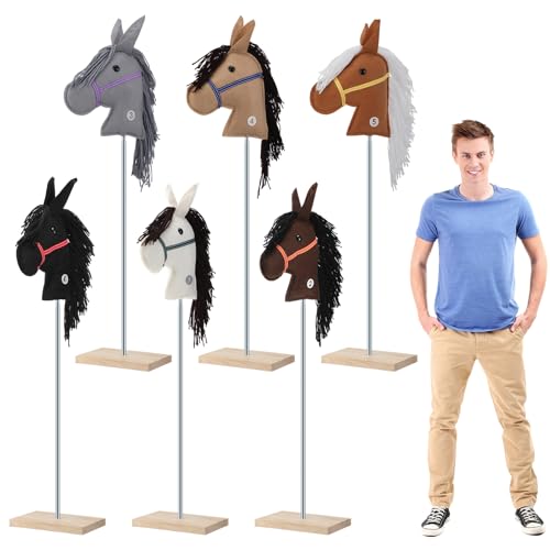 Relaxgiant 6 Pcs 4724 Inches Stick Horse Plush Handcrafted Riding Horse on a Stick for Derby Racing Events Sturdy Adjustable Metal Pole with Wood Base for Cowboy Party - Image 5