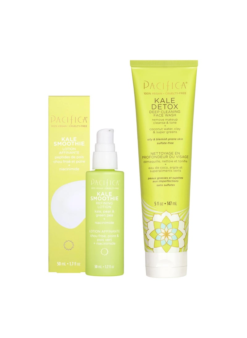 Pacifica Pacifica Beauty Kale Smoothie Refining Lotion  Detox Deep Cleaning Face Wash Set Skincare Moisturizer Niacinamide Minimize Pores Serum Facial Cleanser Vegan 17 fl oz and 5 fl oz Set of 2 