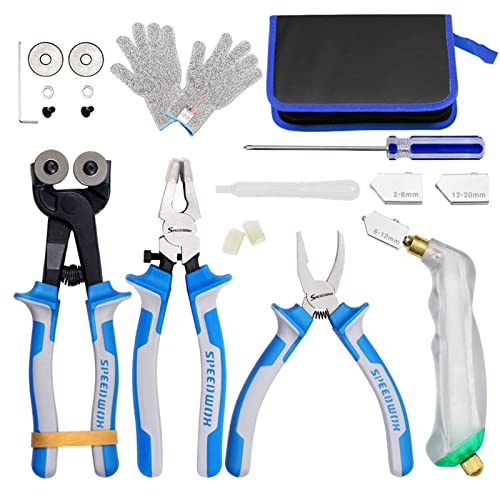 SPEEDWOX 20 Pieces Glass Tweezers Set with Heavy Duty Mosaic Wheels with Spare Cutting Wheel, Running Pliers, Breakwater, Feeding Pliers, Glass Cutter, Gloves - Image 1