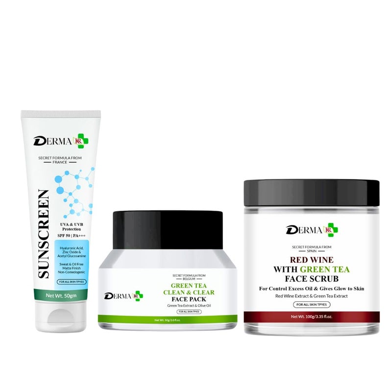 DERMAKR DERMA KR Hyaluronic Sunscreen50gm Green tea Clean Clear Face Pack50gm RED VINE Face Scrub 100gmFacial Kit Pack Of 3 - Image 1