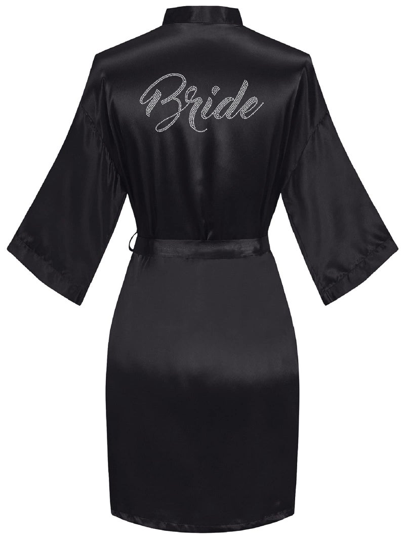 sunshinemall Women's Satin Kimono Robes with Rhinestones Bride Bridesmaid Short Getting Ready Wedding Dressing Gown - Image 1