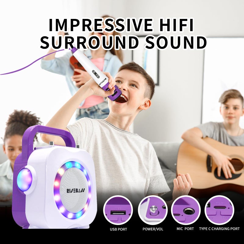 RISEBASS RISEBASS Portable Wireless Kids Karaoke Machine - Purple  Bluetooth Speaker with 2 Microphones  Premium Sound Quality  LED Lighting Effects  Long Battery Life  Modern Style - Home Use - Image 3
