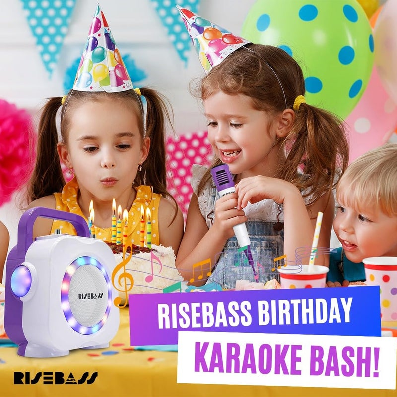 RISEBASS RISEBASS Portable Wireless Kids Karaoke Machine - Purple  Bluetooth Speaker with 2 Microphones  Premium Sound Quality  LED Lighting Effects  Long Battery Life  Modern Style - Home Use - Image 2