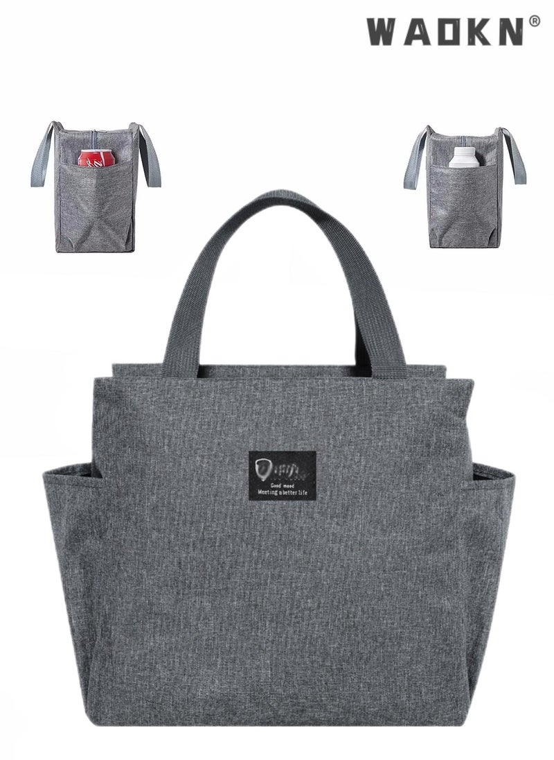 WAOKN Insulated Lunch Bag with Dual Side Pockets, Thermal Lunch Tote Box Bag for Women Men and childern Lightweight for Work Picnic School Office,Ocean side, Outing, Fishing, Climbing, Travel, Cooler Handbag Grey  - Image 1