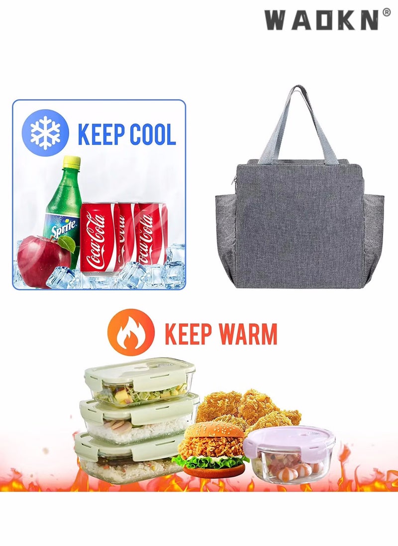 WAOKN Insulated Lunch Bag with Dual Side Pockets, Thermal Lunch Tote Box Bag for Women Men and childern Lightweight for Work Picnic School Office,Ocean side, Outing, Fishing, Climbing, Travel, Cooler Handbag Grey  - Image 4